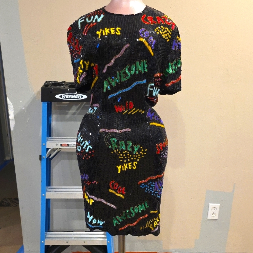 RARE Vintage 80s Lillie Rubin Sequin Pop Art Graffiti Women Dress Medium